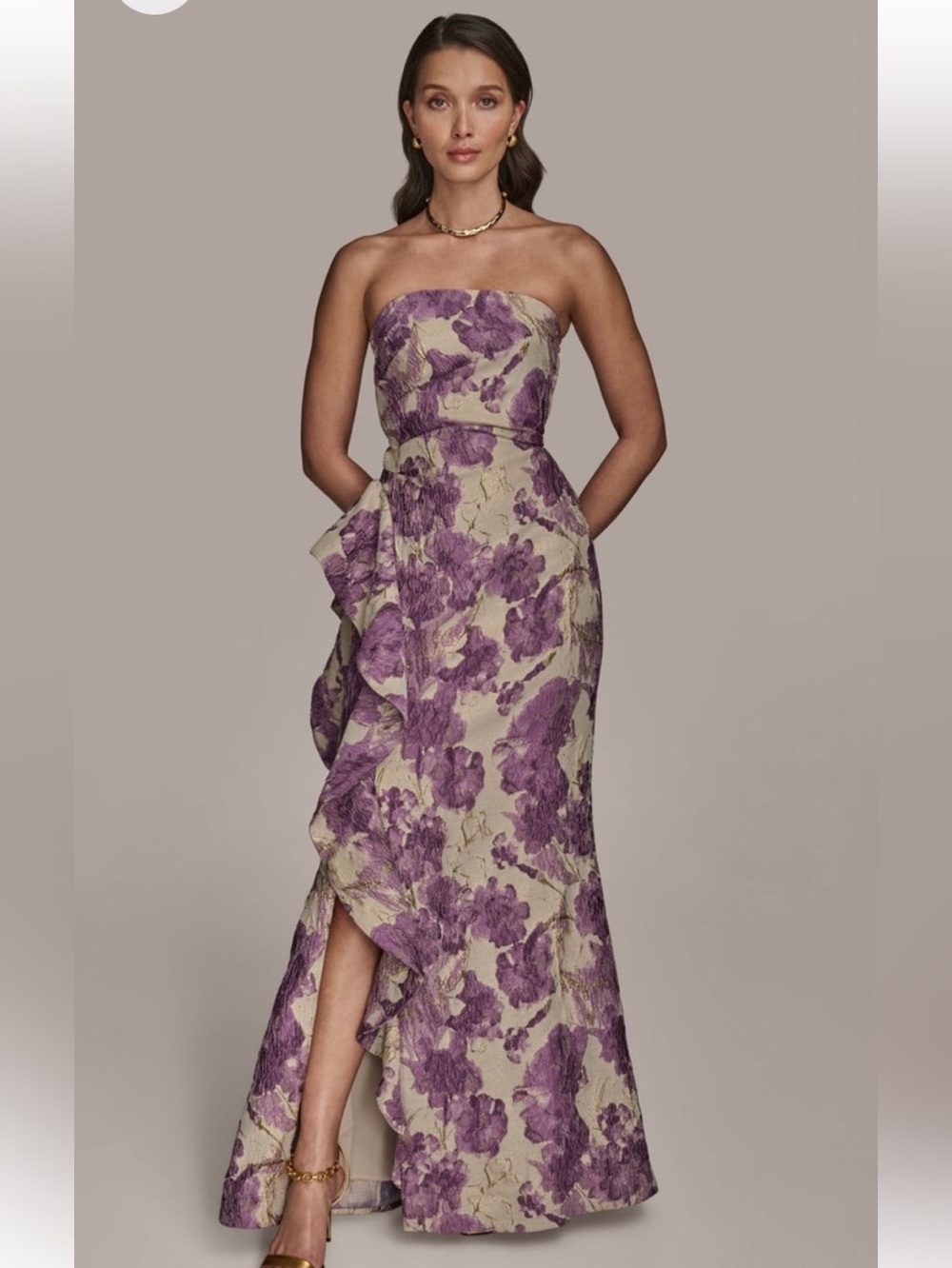 NWT size 4 Donna Karen Wisteria Floral Ruffle Strapless Jacquard Trumpet Gown